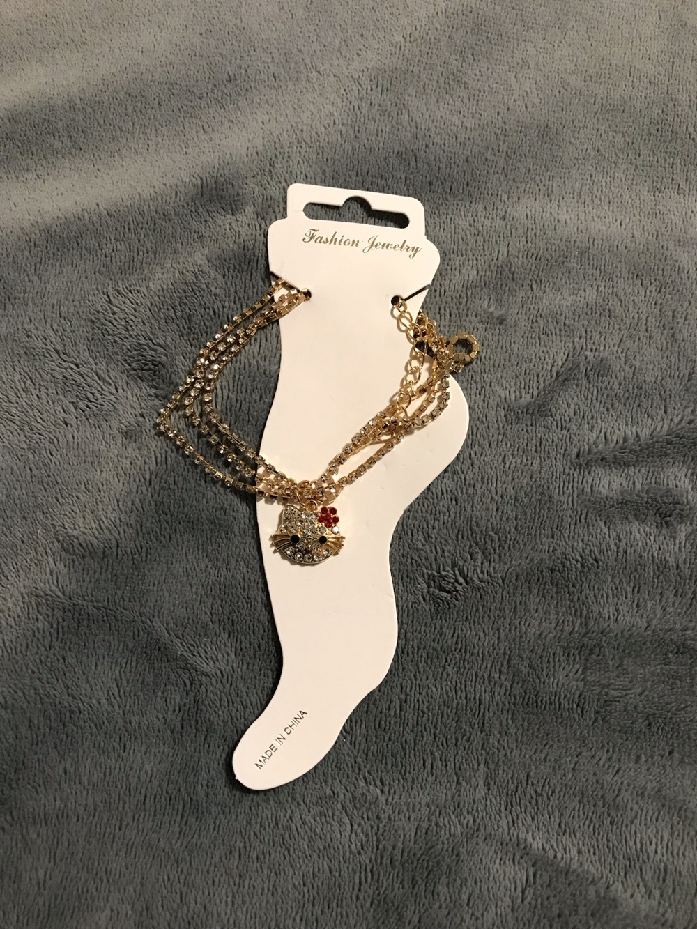 Gold Tone Cute Hello Kitty Rhinestone Chain Anklet